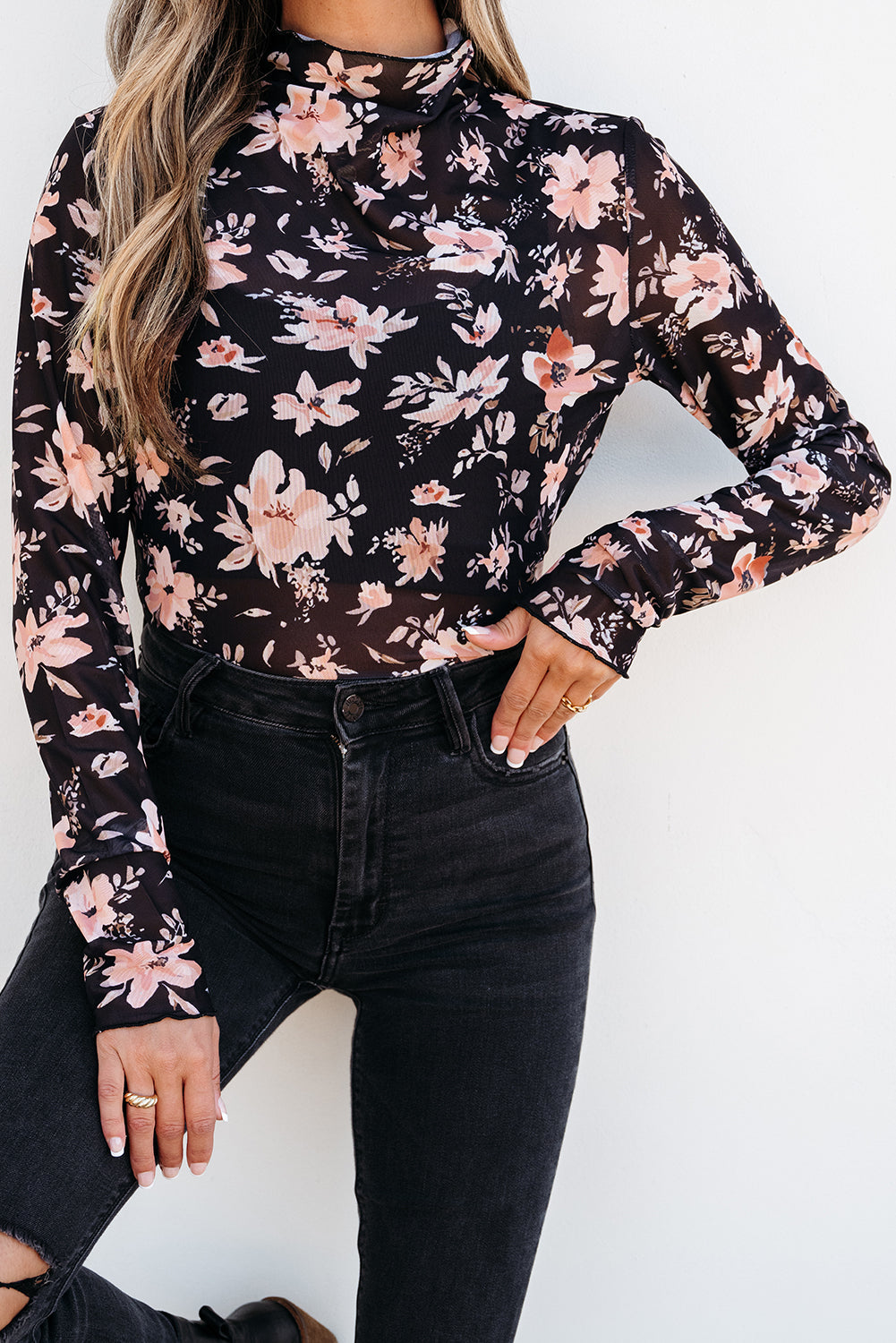 Black Floral Mesh Mock Neck Long Sleeve Slim Fit Top - Premium Tops/Long Sleeve Tops from Ashes 2 Wildflowers Boutique, LLC- Just $24.65! Shop now at Ashes 2 Wildflowers Boutique, LLC