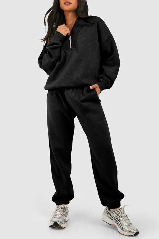 Black Plain Half Zip V Neck Ribbed Edge Loose Tracksuit - Premium Activewear/Activewear Sets from Ashes 2 Wildflowers Boutique, LLC- Just $47.70! Shop now at Ashes 2 Wildflowers Boutique, LLC