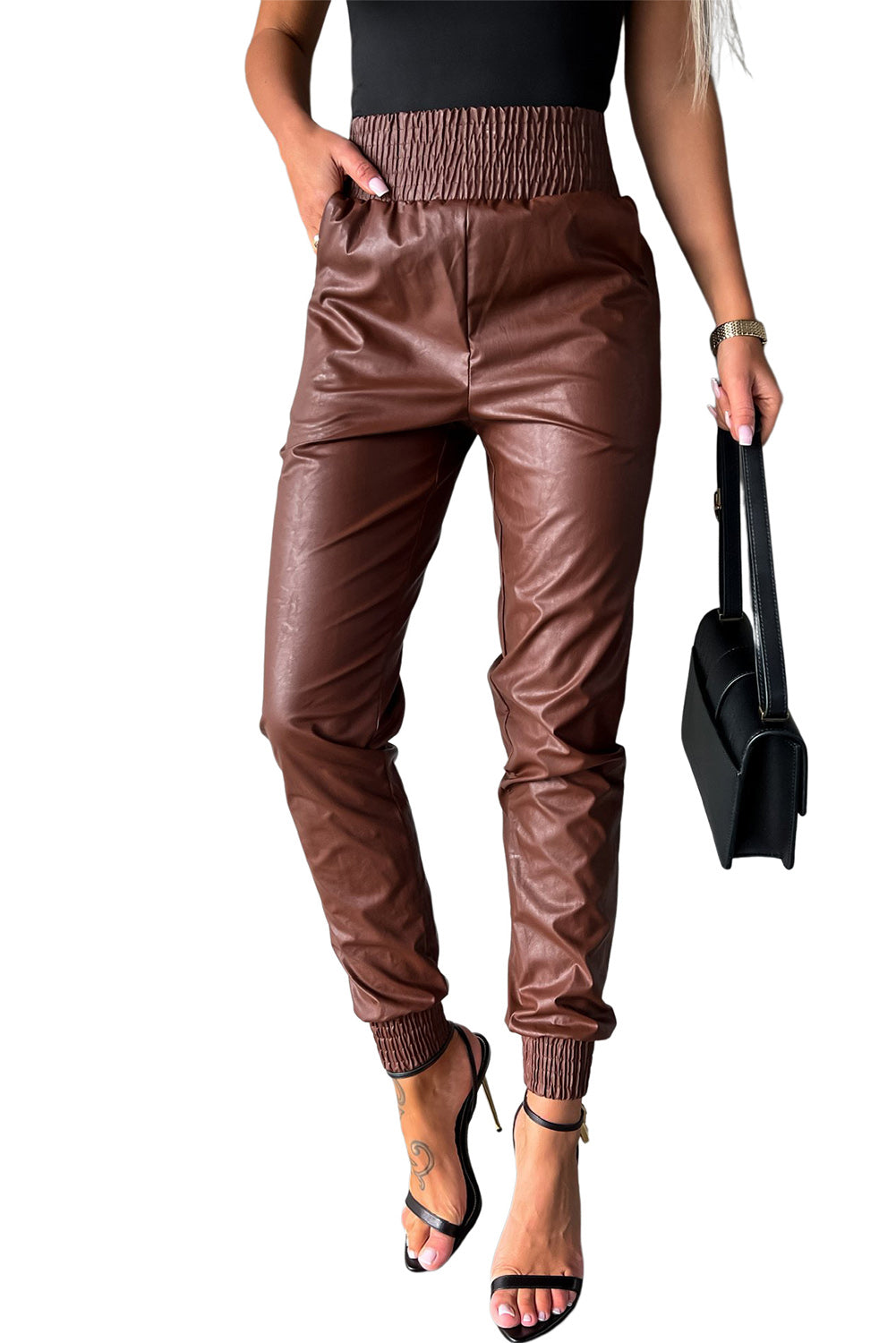 Brown Smocked High-Waist Leather Skinny Pants - Premium Bottoms from Momma Done Gone Crafty- Just $58.71! Shop now at Momma Done Gone Crafty