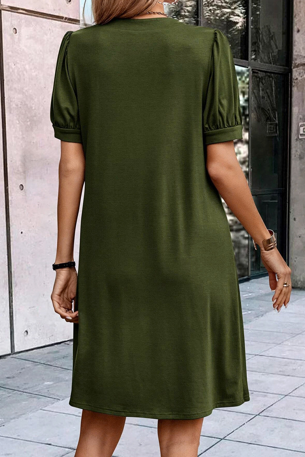 Fern Green Notched Neck Pleated Puff Sleeve Shift T-shirt Dress - Premium Dresses/T Shirt Dresses from Ashes 2 Wildflowers Boutique, LLC- Just $18.03! Shop now at Ashes 2 Wildflowers Boutique, LLC