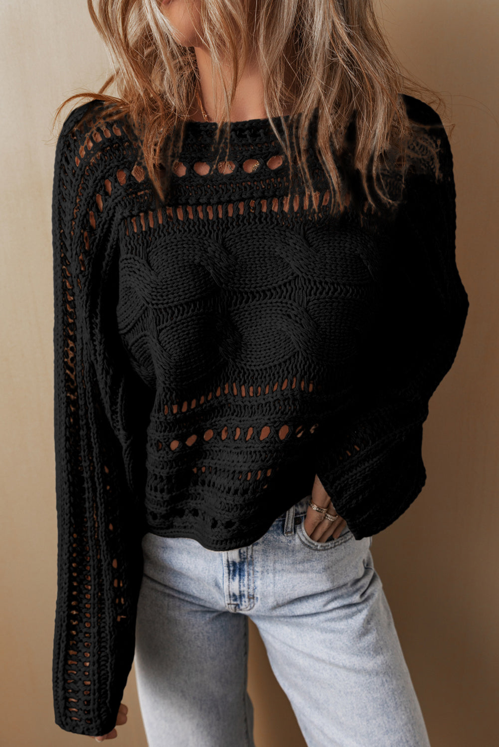 Black Hollow-out Cable Knit Cropped Sweater - Premium Sweaters & Cardigans/Sweaters from Momma Done Gone Crafty- Just $35.85! Shop now at Momma Done Gone Crafty