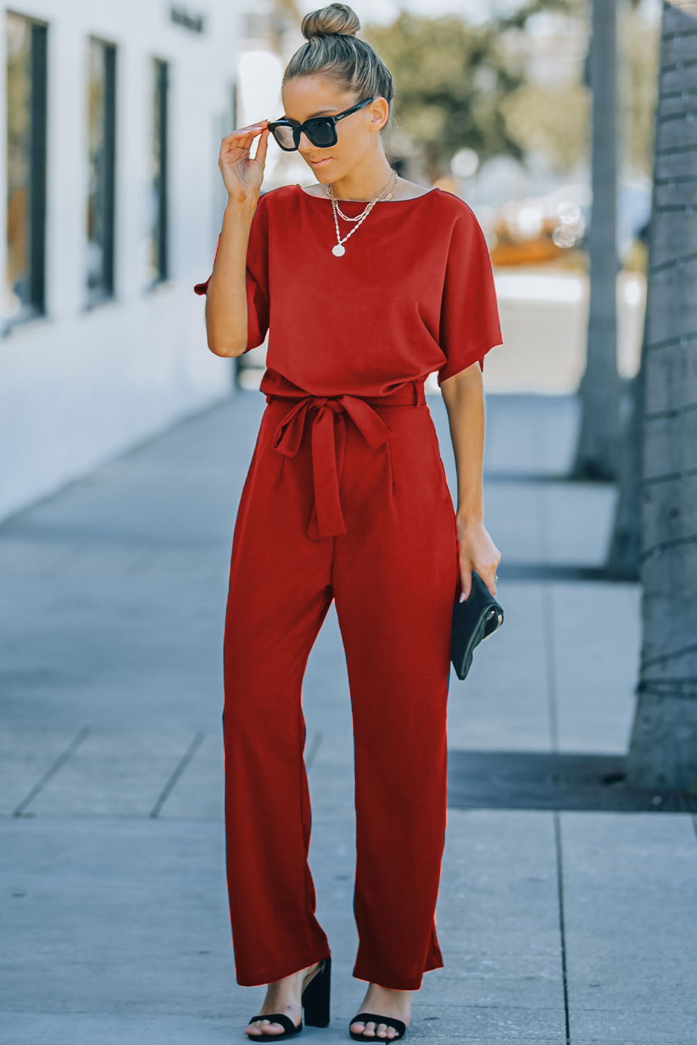 Red Belted Wide Leg Jumpsuit - Premium Bottoms from Momma Done Gone Crafty- Just $40.20! Shop now at Momma Done Gone Crafty