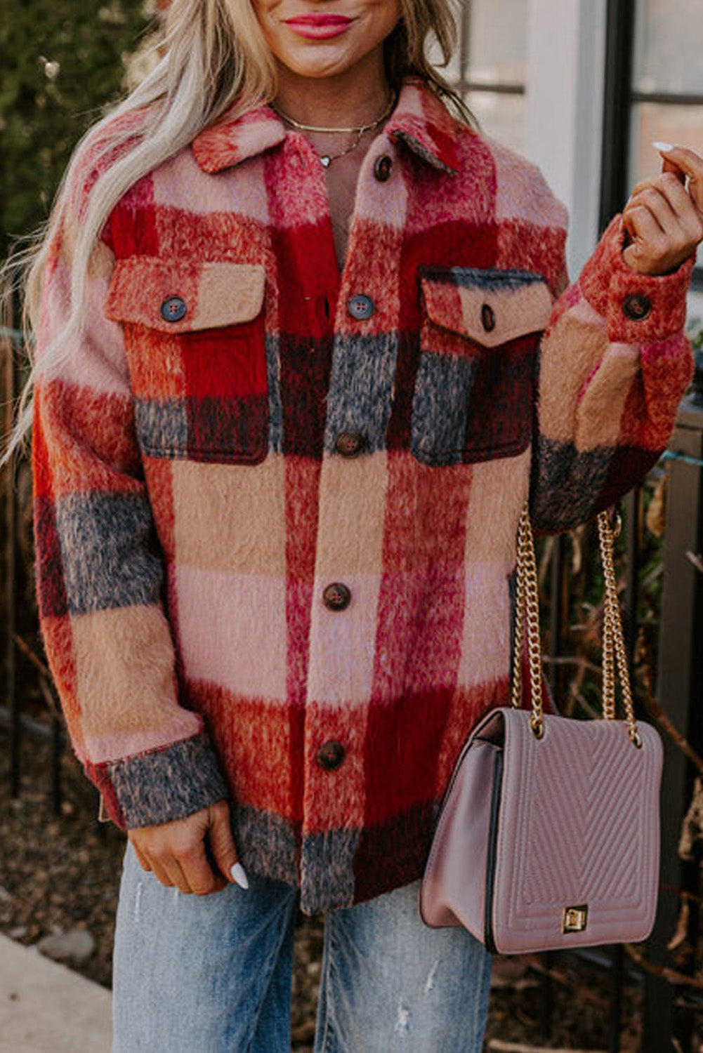 Orange Plaid Print Flap Pockets Buttoned Casual Plus Size Jacket - Premium Plus Size/Plus Size Outerwear from Momma Done Gone Crafty- Just $45.15! Shop now at Momma Done Gone Crafty