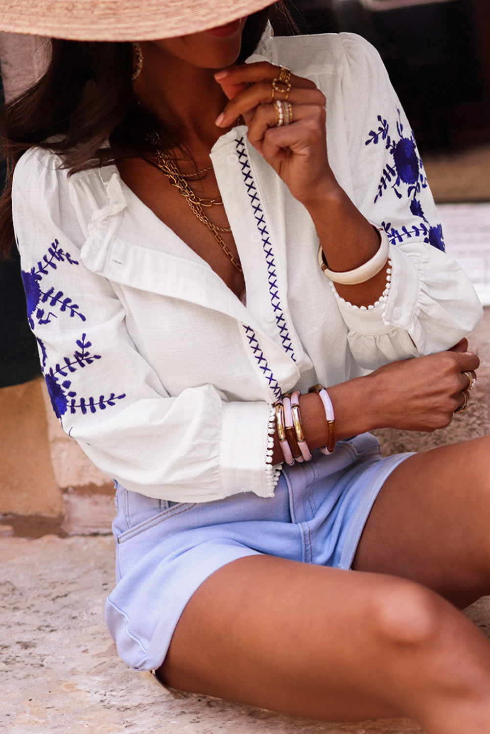 White Floral Embroidered Bracelet Sleeve Shirt - Premium Tops/Blouses & Shirts from Ashes 2 Wildflowers Boutique, LLC- Just $26.80! Shop now at Ashes 2 Wildflowers Boutique, LLC