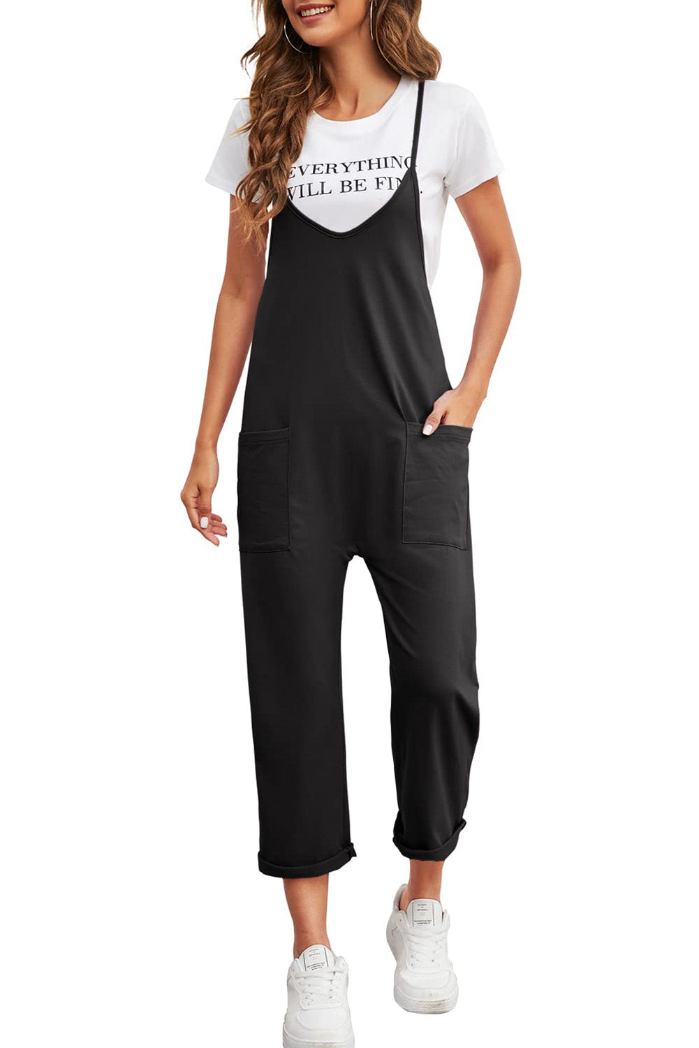 Black Pocketed Adjustable Spaghetti Strap Straight Leg Jumpsuit - Premium Bottoms from Momma Done Gone Crafty- Just $26.99! Shop now at Momma Done Gone Crafty