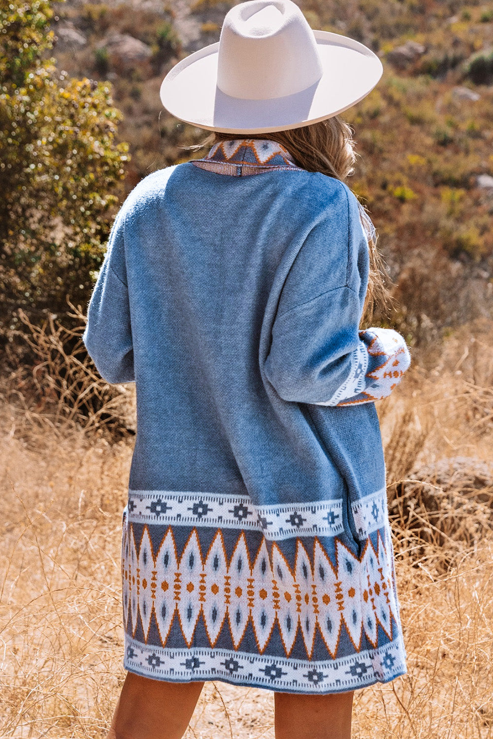 Blue Aztec Print Open Front Knitted Cardigan - Premium Sweaters & Cardigans/Cardigans from Ashes 2 Wildflowers Boutique, LLC- Just $30.97! Shop now at Ashes 2 Wildflowers Boutique, LLC