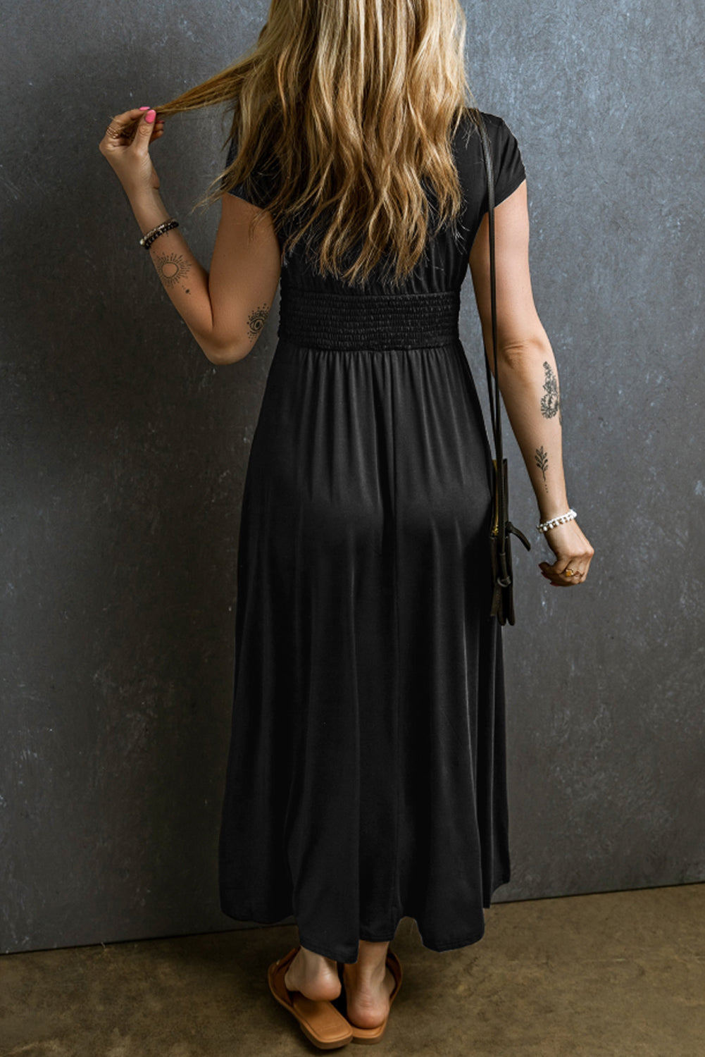 Black Short Sleeve Shirred High Waist V Neck Maxi Dress - Premium Dresses/Maxi Dresses from Momma Done Gone Crafty- Just $26.55! Shop now at Momma Done Gone Crafty