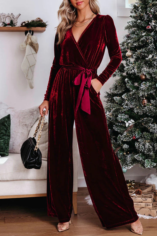 Fiery Red Velvet Pocketed Cut out Back Wide Leg Jumpsuit - Premium Bottoms/Jumpsuits & Rompers from Momma Done Gone Crafty- Just $35.25! Shop now at Momma Done Gone Crafty