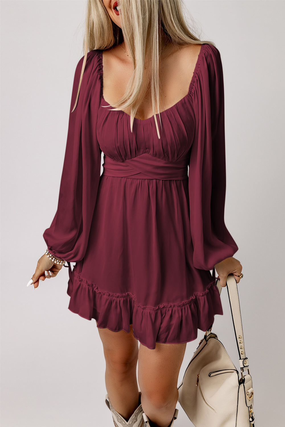 Fiery Red Plain Ruffled High Waist Square Neck Mini Dress - Premium Dresses/Mini Dresses from Momma Done Gone Crafty- Just $35.34! Shop now at Momma Done Gone Crafty