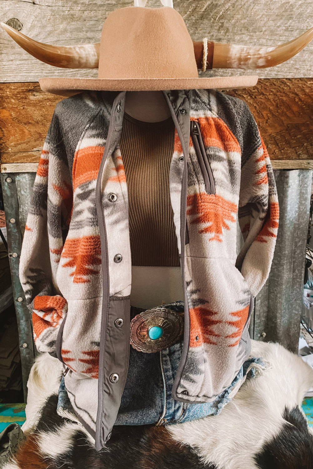 Gray Western Aztec Snap Buttoned Fleece Jacket - Premium Outerwear from Momma Done Gone Crafty- Just $47.70! Shop now at Momma Done Gone Crafty