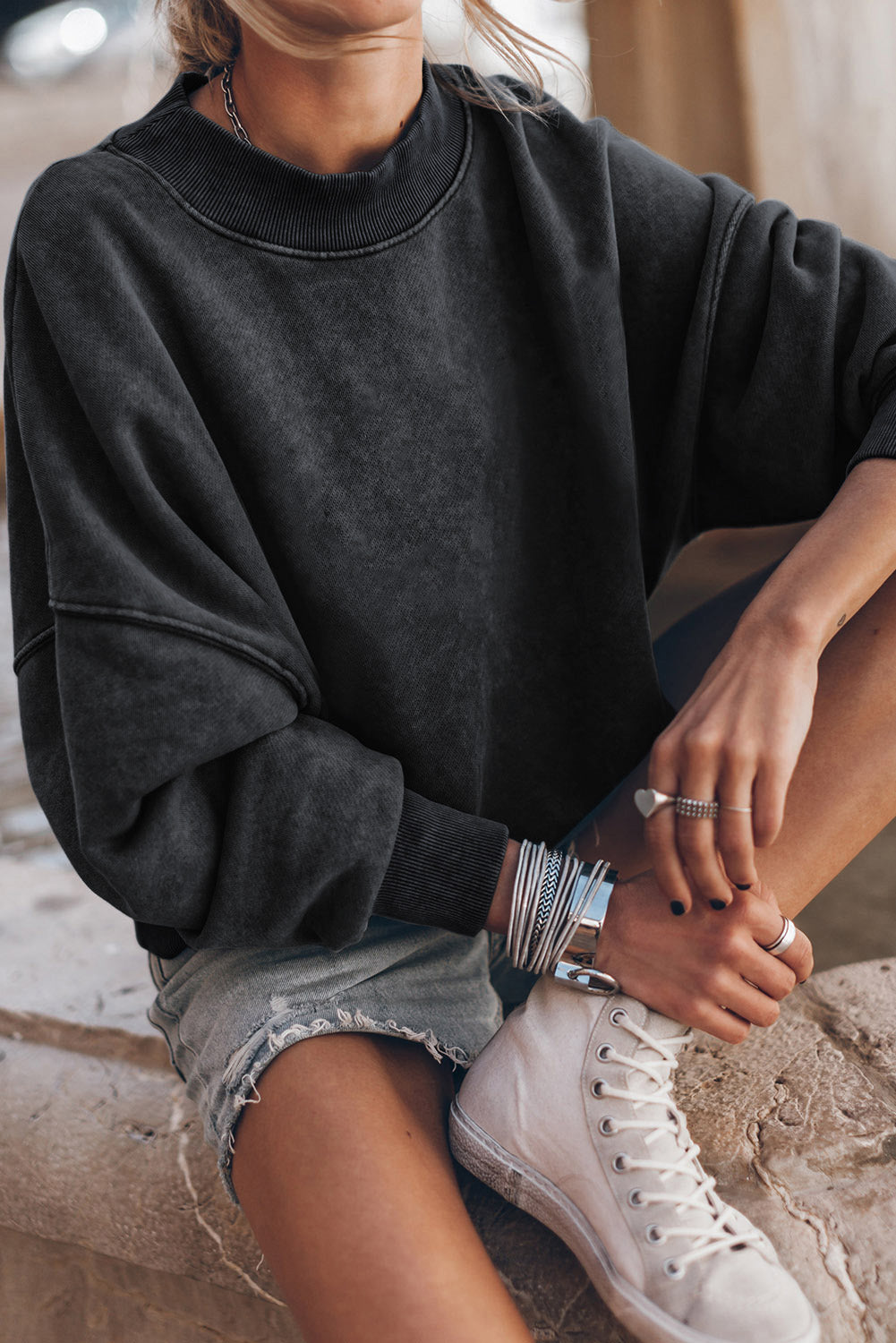 Black Drop Shoulder Crew Neck Pullover Sweatshirt - Premium Tops from Momma Done Gone Crafty- Just $41.94! Shop now at Momma Done Gone Crafty