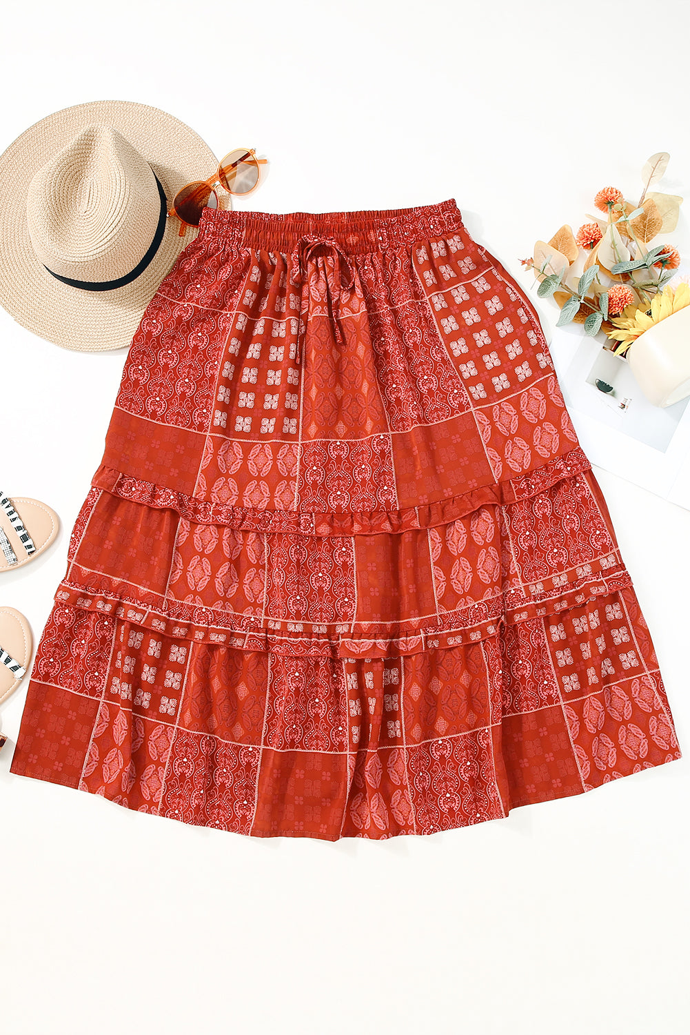 Red Bohemian Mix Print Long Flared Skirt - Premium Bottoms from Momma Done Gone Crafty- Just $55.26! Shop now at Momma Done Gone Crafty