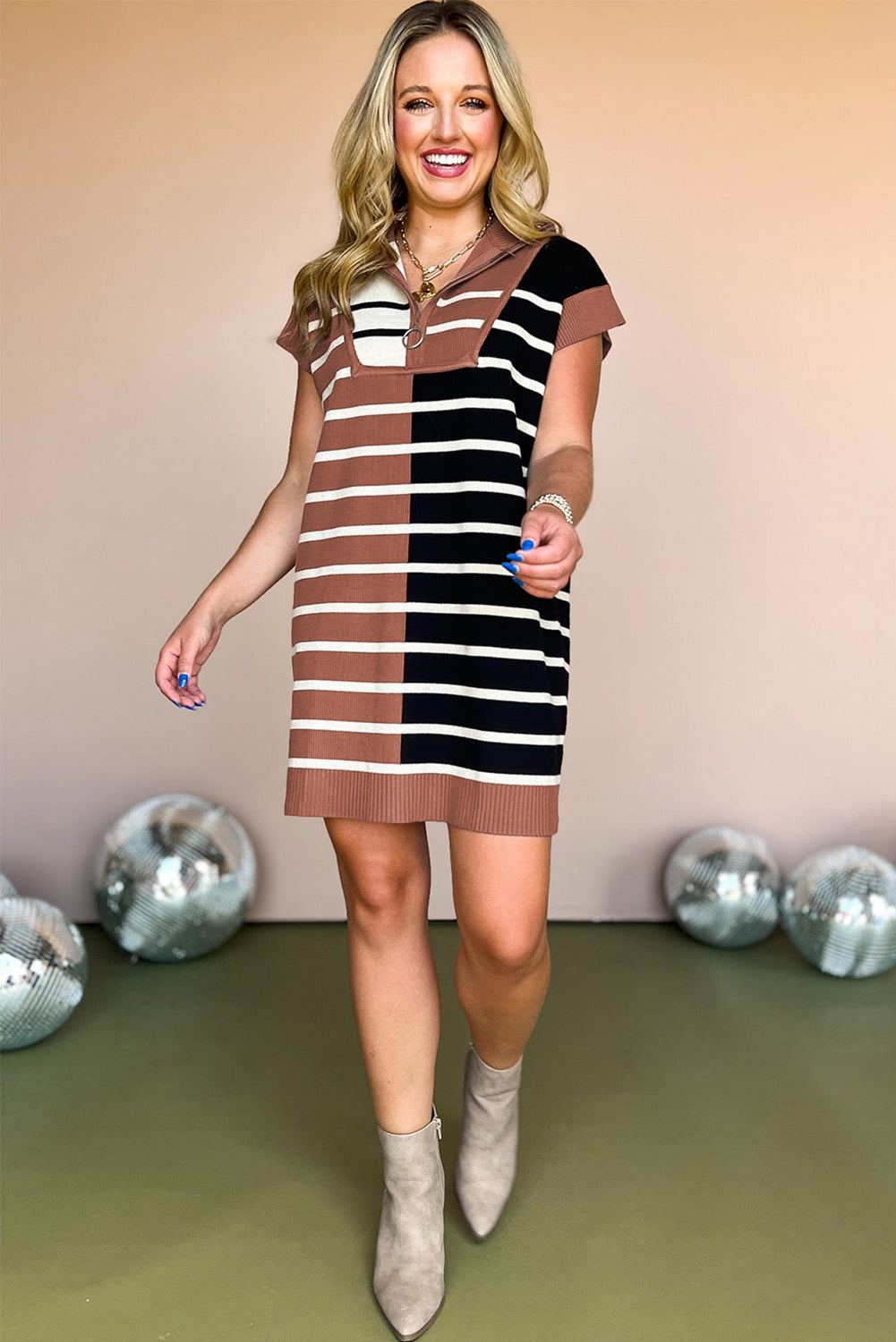 Black Stripe Color Block Quarter Zip Collar Short Sleeve Sweater Dress - Premium Sweaters & Cardigans/Sweater Dresses from Ashes 2 Wildflowers Boutique, LLC- Just $37.48! Shop now at Ashes 2 Wildflowers Boutique, LLC