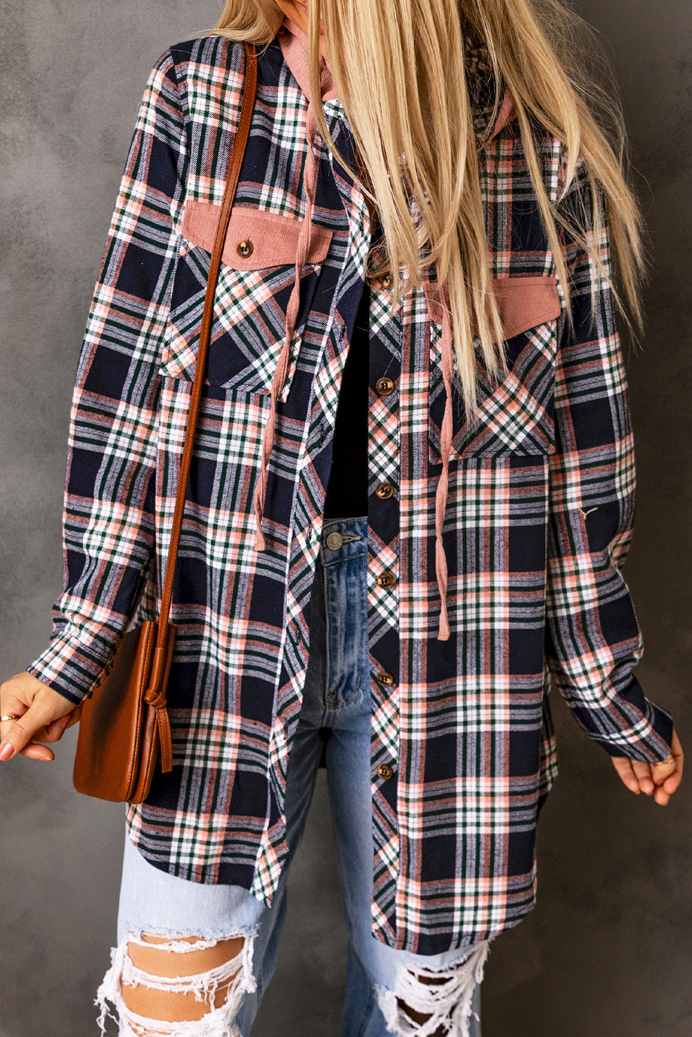 Pink Contrast Hooded Drawstring Plaid Shacket - Premium Outerwear from Momma Done Gone Crafty- Just $46.23! Shop now at Momma Done Gone Crafty