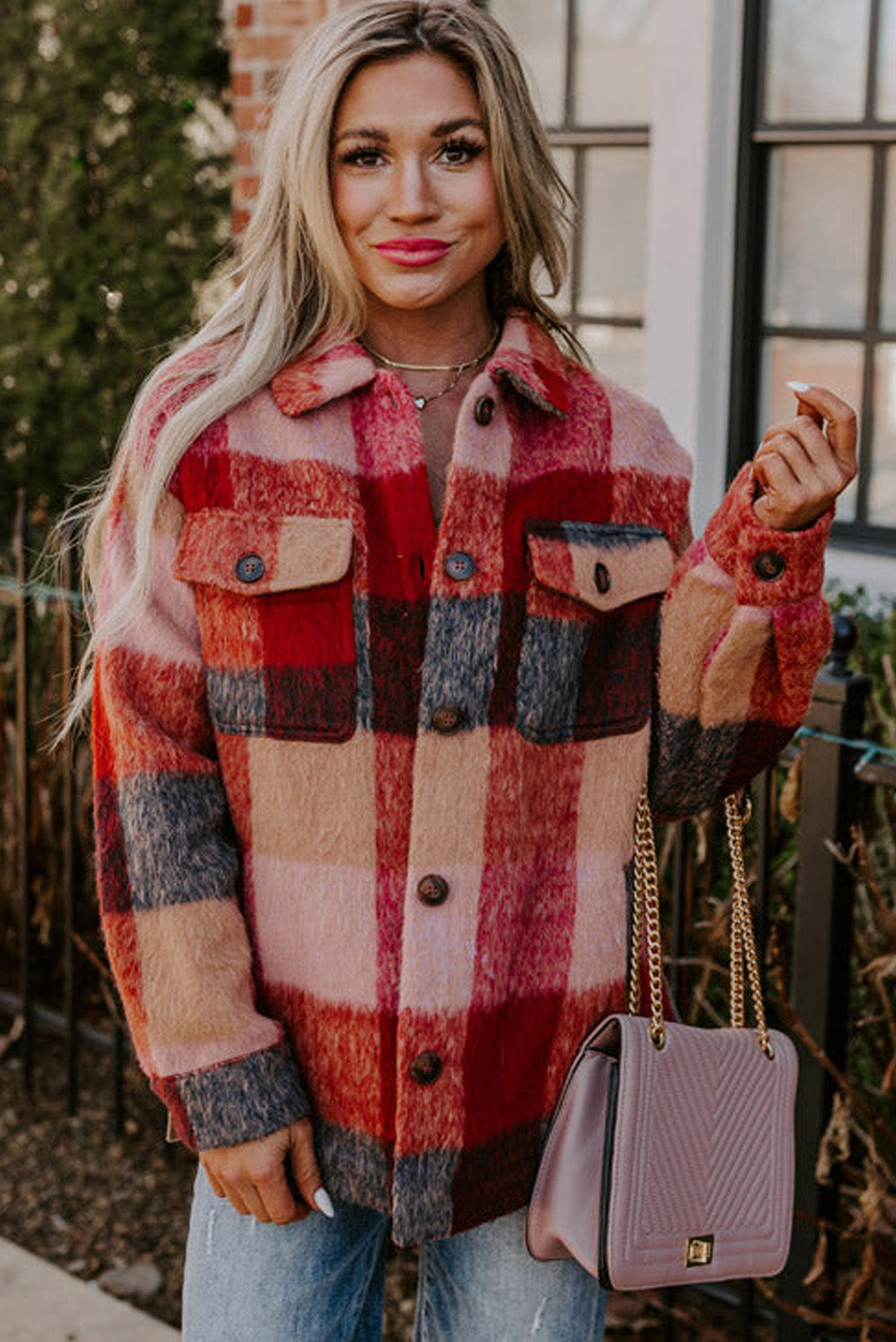 Orange Plaid Print Flap Pockets Buttoned Casual Plus Size Jacket - Premium Plus Size/Plus Size Outerwear from Momma Done Gone Crafty- Just $45.15! Shop now at Momma Done Gone Crafty