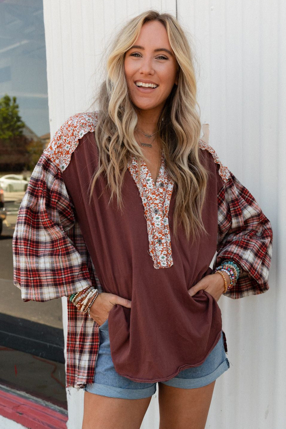 Red Floral Plaid Mixed Print Bishop Sleeve Patchwork Top - Premium Tops from Momma Done Gone Crafty- Just $61.11! Shop now at Momma Done Gone Crafty