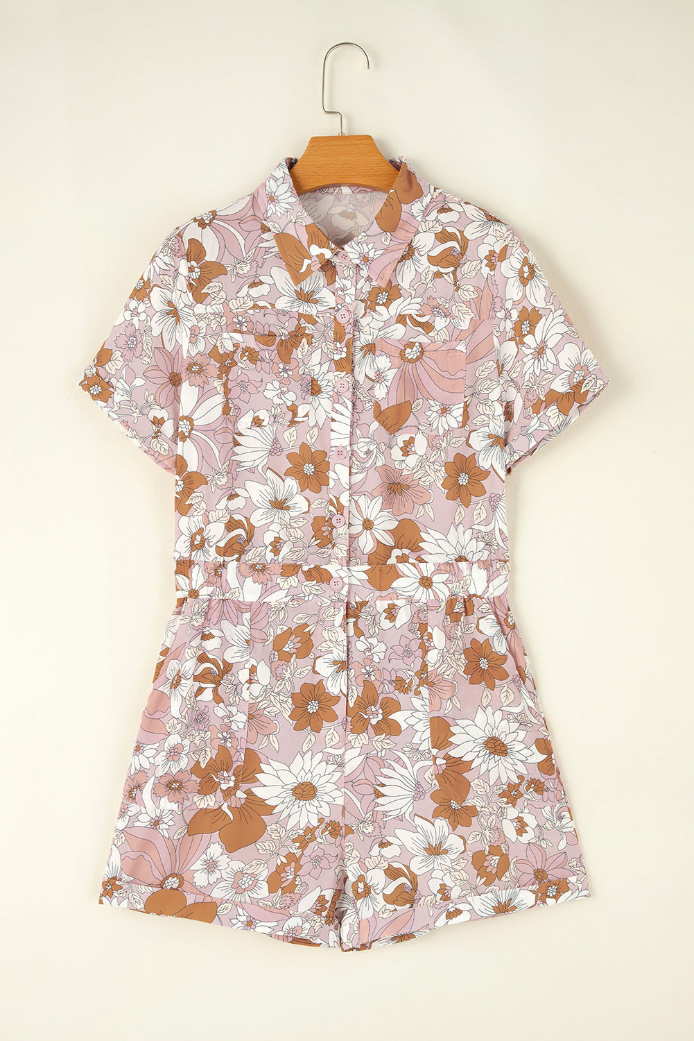 Pink Floral Short Sleeve Collared Button Front Romper - Premium Bottoms/Jumpsuits & Rompers from Momma Done Gone Crafty- Just $35.22! Shop now at Momma Done Gone Crafty