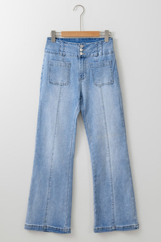 Light Blue Fly Button Exposed Seam Patched Pocket Flare Jeans - Premium Bottoms/Jeans from Ashes 2 Wildflowers Boutique, LLC- Just $36.63! Shop now at Ashes 2 Wildflowers Boutique, LLC