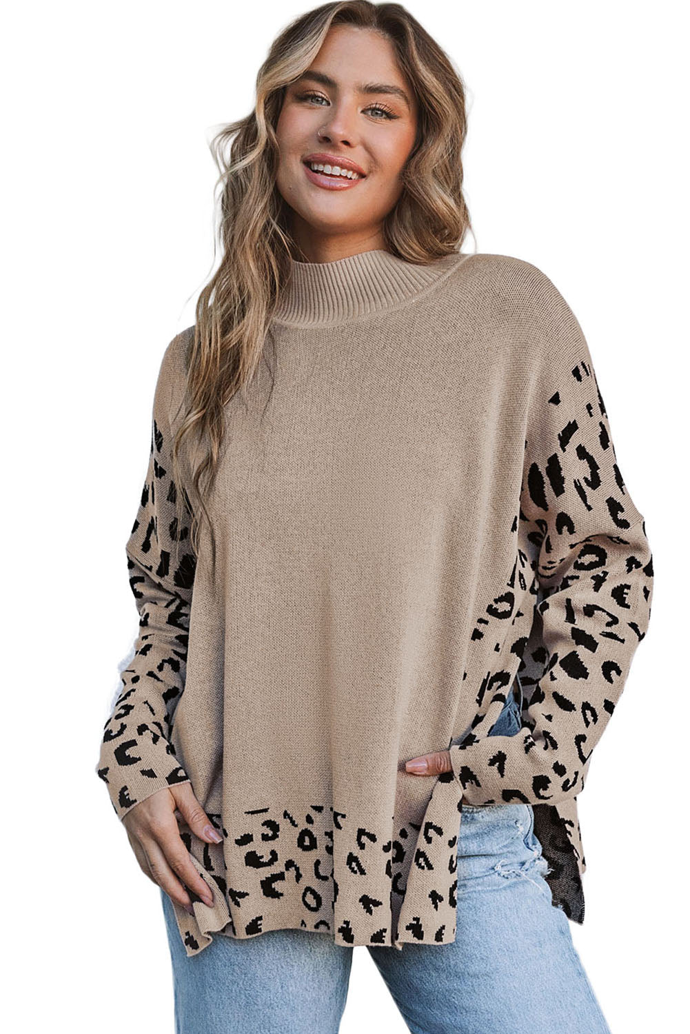 Khaki Leopard High Neck Side Slit Oversized Sweater - Premium Tops from Momma Done Gone Crafty- Just $45.50! Shop now at Momma Done Gone Crafty