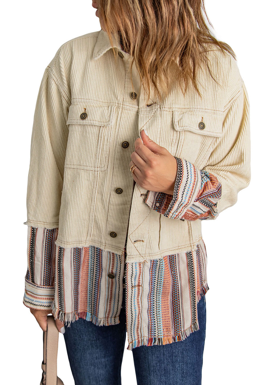 Button Up Pockets Striped Color Block Corduroy Jacket - Premium Outerwear from Momma Done Gone Crafty- Just $56.94! Shop now at Momma Done Gone Crafty