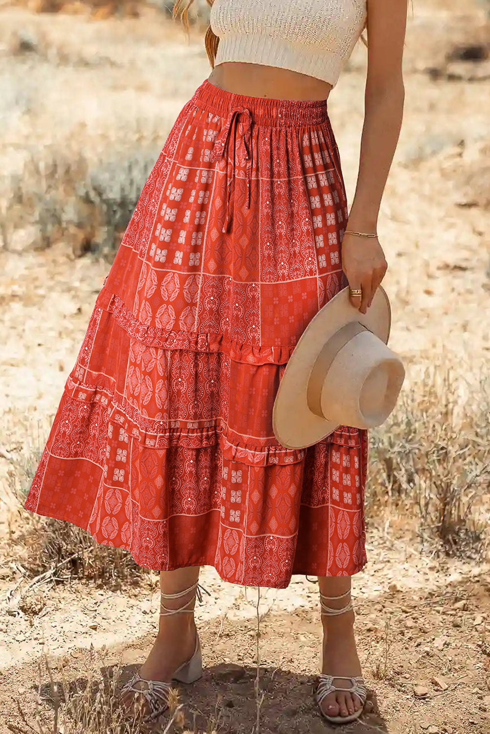 Red Bohemian Mix Print Long Flared Skirt - Premium Bottoms from Momma Done Gone Crafty- Just $55.26! Shop now at Momma Done Gone Crafty