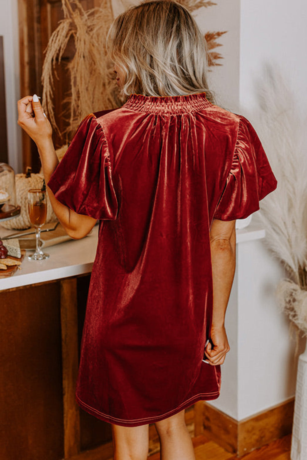 Cinnamon Velvet Smocked Neckline Puff Sleeve Shift Mini Dress - Premium Dresses/Mini Dresses from Ashes 2 Wildflowers Boutique, LLC- Just $48.99! Shop now at Ashes 2 Wildflowers Boutique, LLC