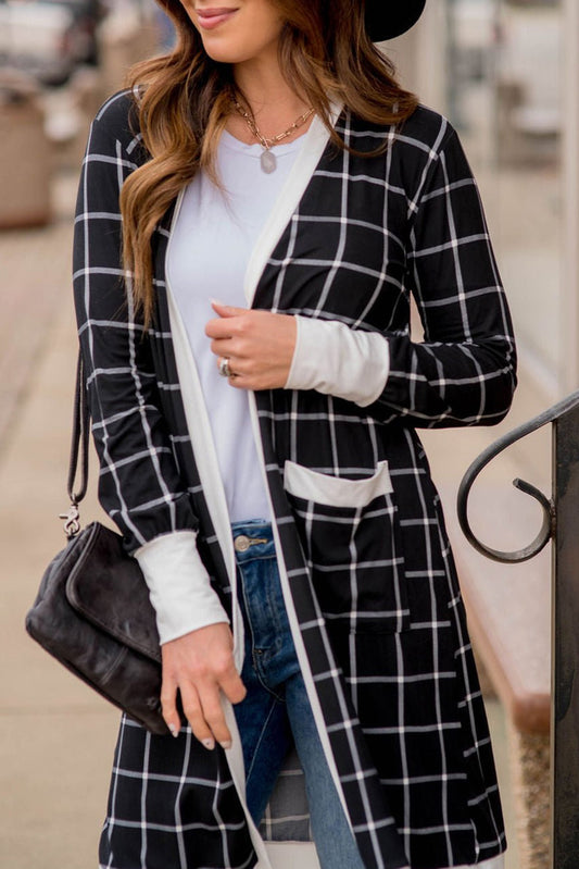 Black Plaid Colorblock Edge Open Cardigan with Pocket - Premium Sweaters & Cardigans/Cardigans from Momma Done Gone Crafty- Just $18.60! Shop now at Momma Done Gone Crafty