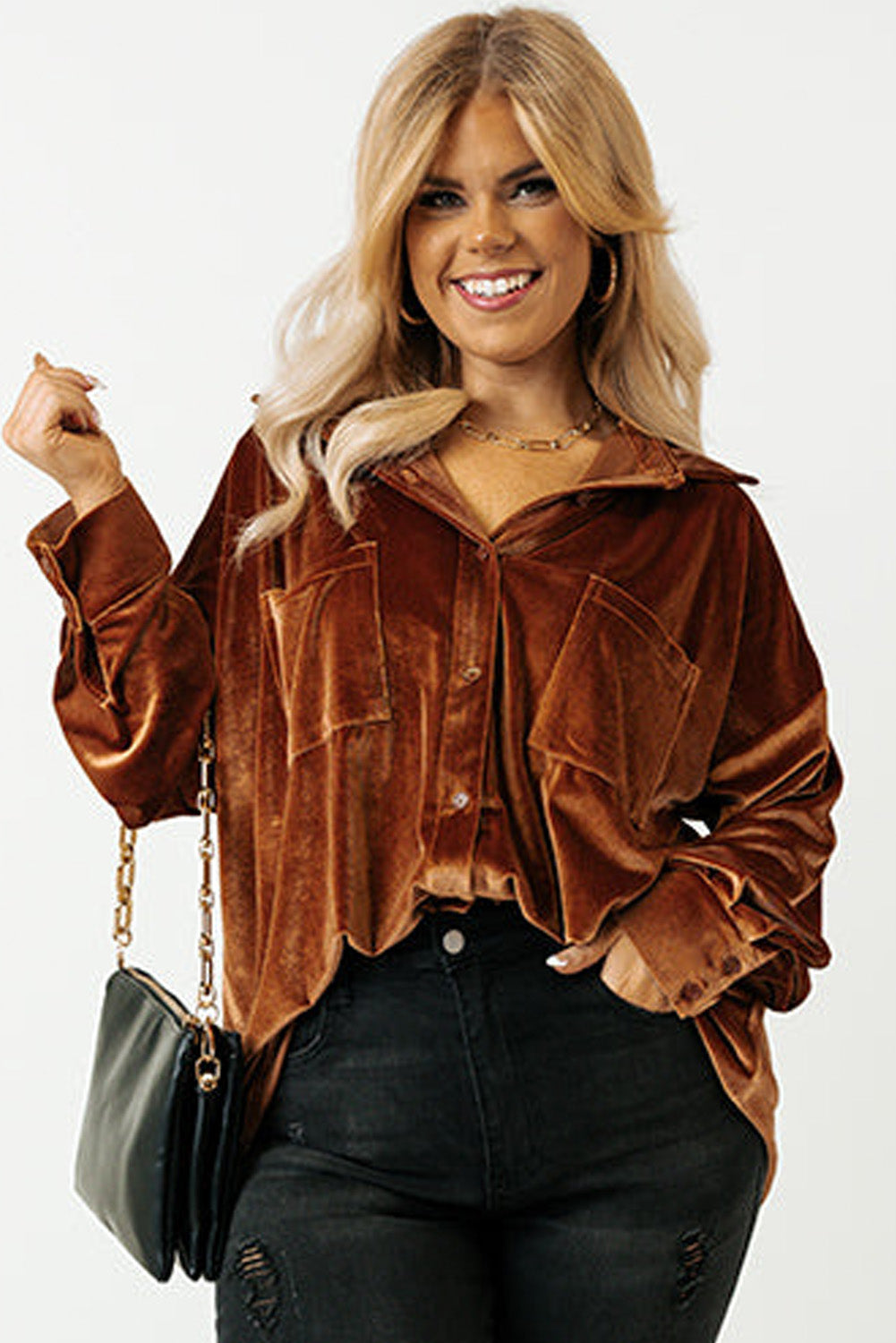 Chestnut Plus Size Velvet Chest Pocket Drop Shoulder Shirt - Premium Plus Size/Plus Size Tops/Plus Size Blouses & Shirts from Momma Done Gone Crafty- Just $31.80! Shop now at Momma Done Gone Crafty