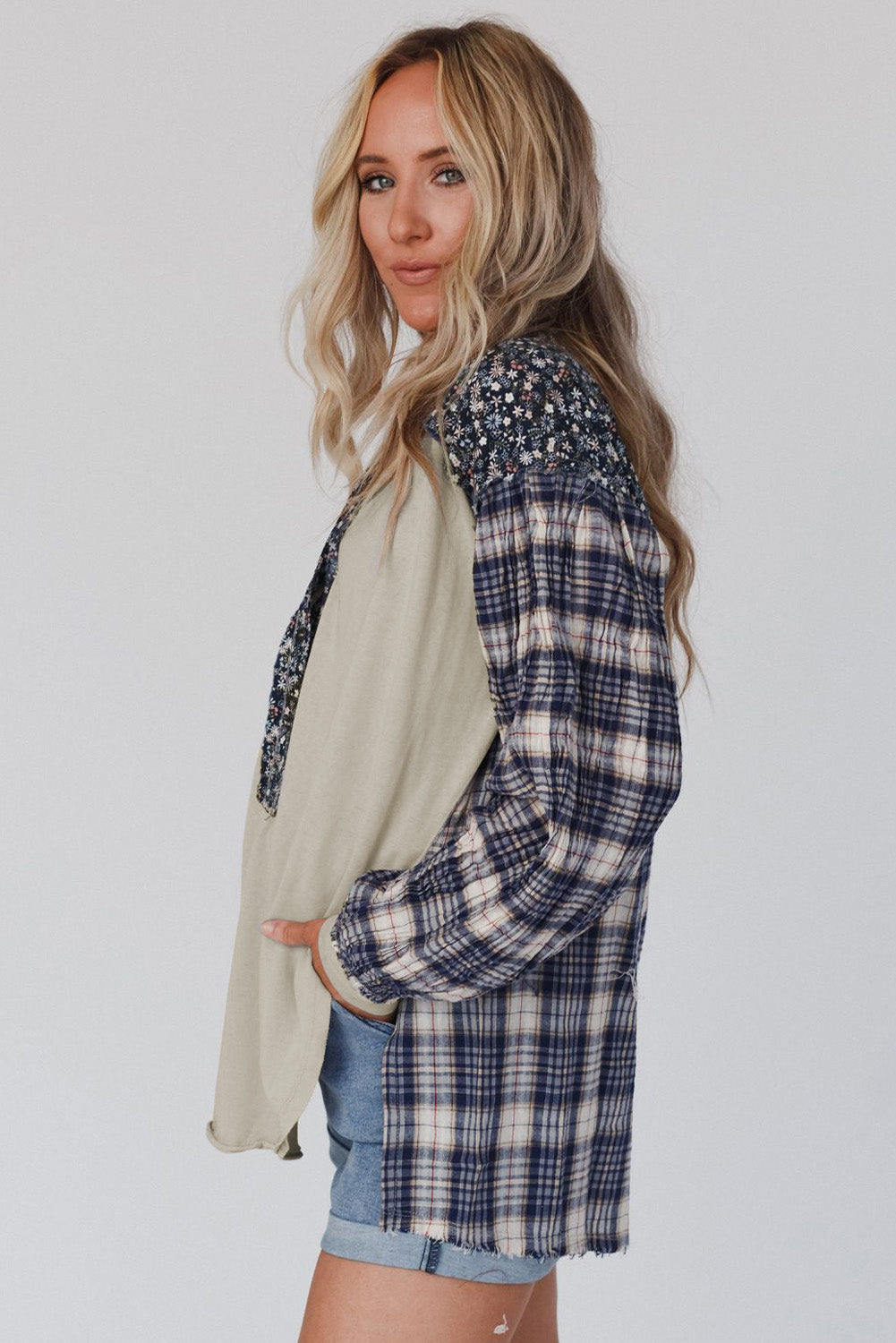 Blue Floral Plaid Mixed Print Bishop Sleeve Patchwork Top - Premium Tops from Momma Done Gone Crafty- Just $45.87! Shop now at Momma Done Gone Crafty