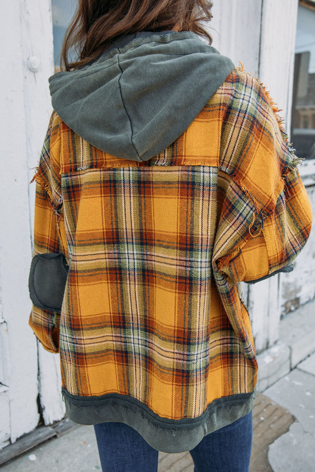 Orange Plaid Patch Hooded Frayed Snap Button Jacket - Premium Outerwear from Momma Done Gone Crafty- Just $52.62! Shop now at Momma Done Gone Crafty