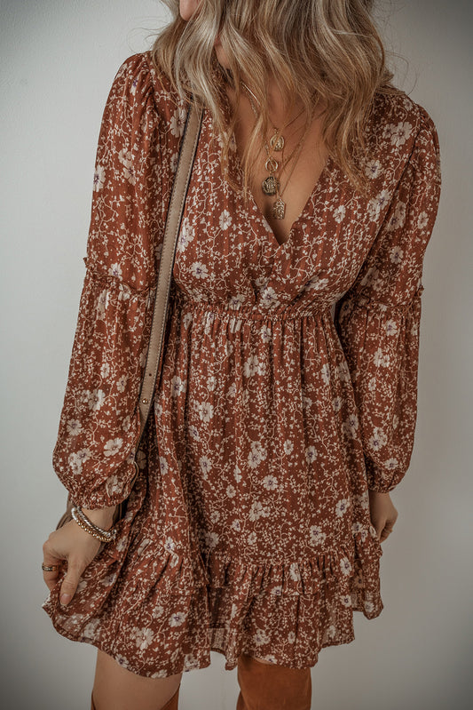 Brown Boho Floral Ruffled Puff Sleeve V Neck Mini Dress - Premium Dresses/Floral Dresses from Momma Done Gone Crafty- Just $35.10! Shop now at Momma Done Gone Crafty